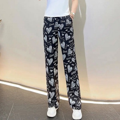 Дамски широк  панталон с сърца и надпис