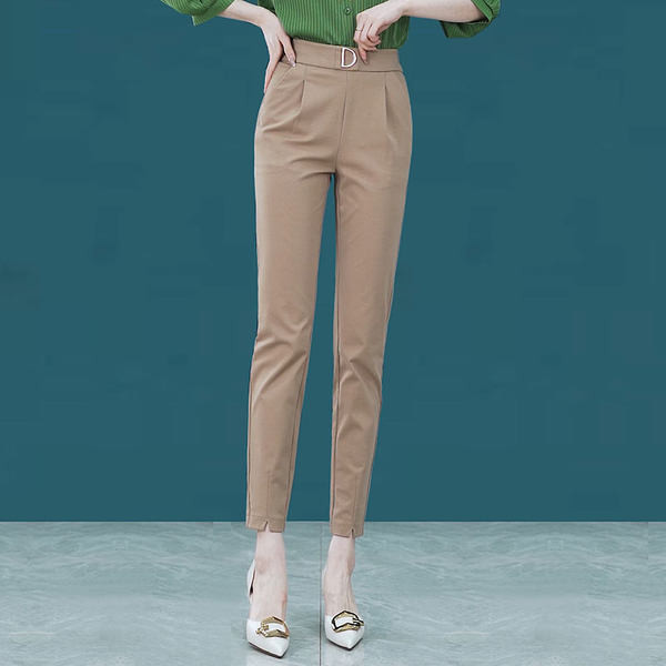 Kõrge vöökohaga elegantsed naiste püksid dekoratiivse vöö ja taskuga