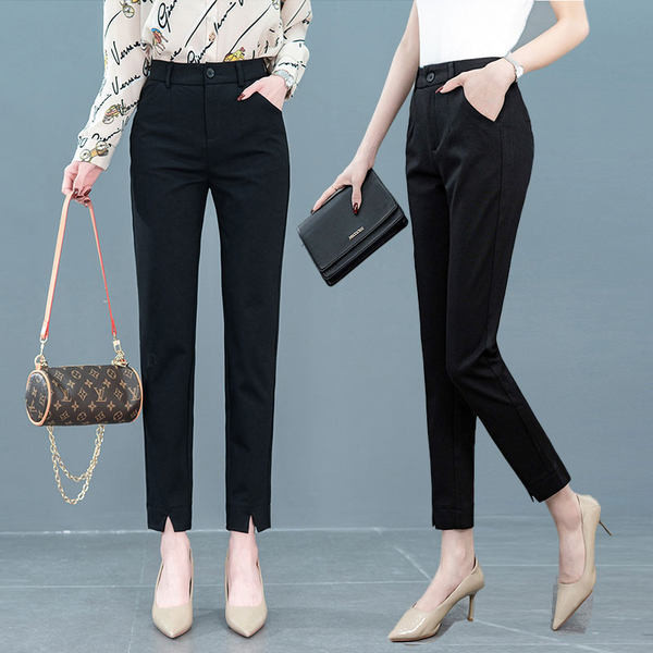 Naiste elegantsed kolmes värvitoonis lõhiku ja taskuga kõrge pihaosaga püksid