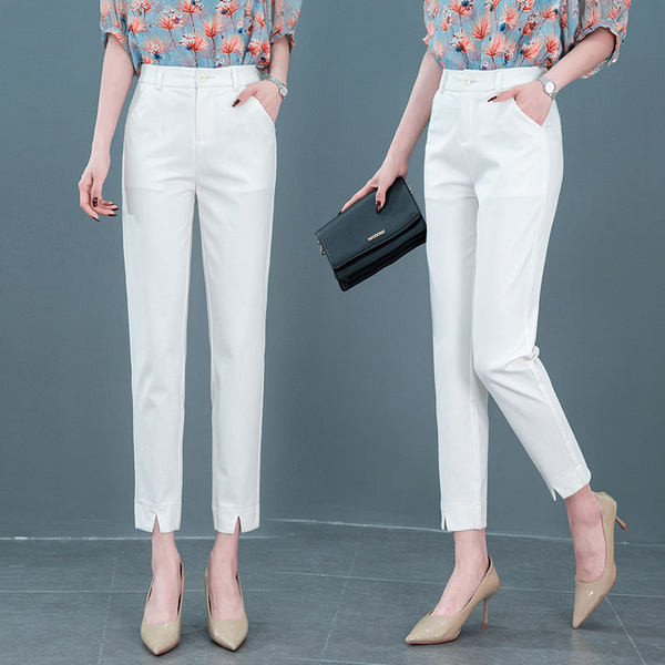 Naiste elegantsed kolmes värvitoonis lõhiku ja taskuga kõrge pihaosaga püksid