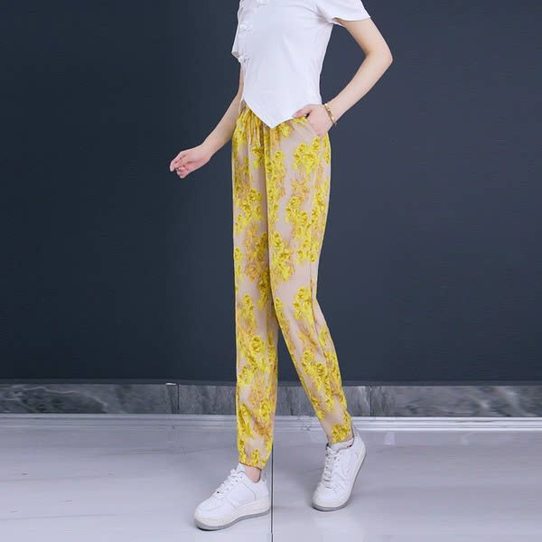 Дамски ежедневни цветни панталони с висока талия и джоб