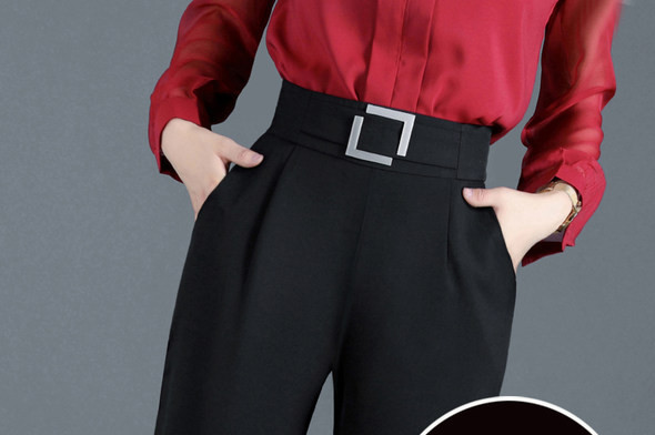 Kevadsügis naiste kõrge vöökohaga püksid tasku ja dekoratiivse vööga