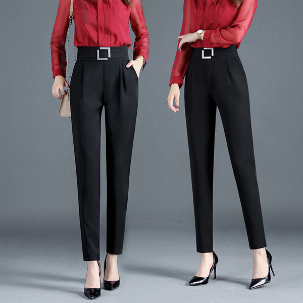 Kevadsügis naiste kõrge vöökohaga püksid tasku ja dekoratiivse vööga