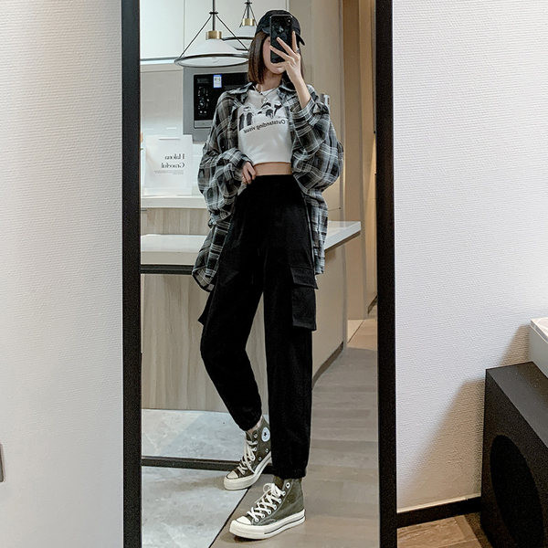 Sieviešu bikses - ar augstu vidukli un kabatu