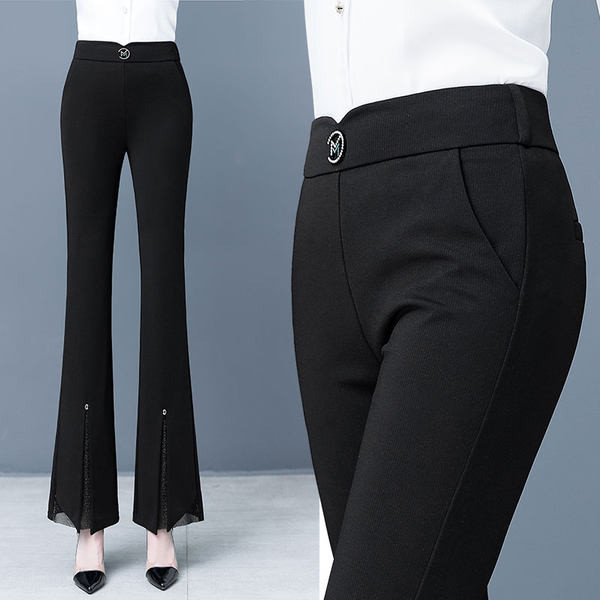 Divatos női hosszú nadrág, magas derékkal és dekoratív övvel