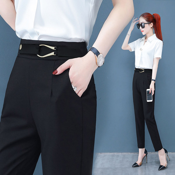 Tavaszi őszi női nadrág zsebbel és díszövvel