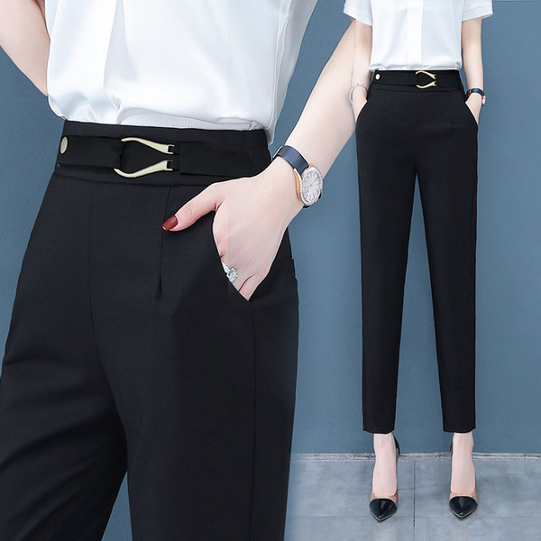 Tavaszi őszi női nadrág zsebbel és díszövvel