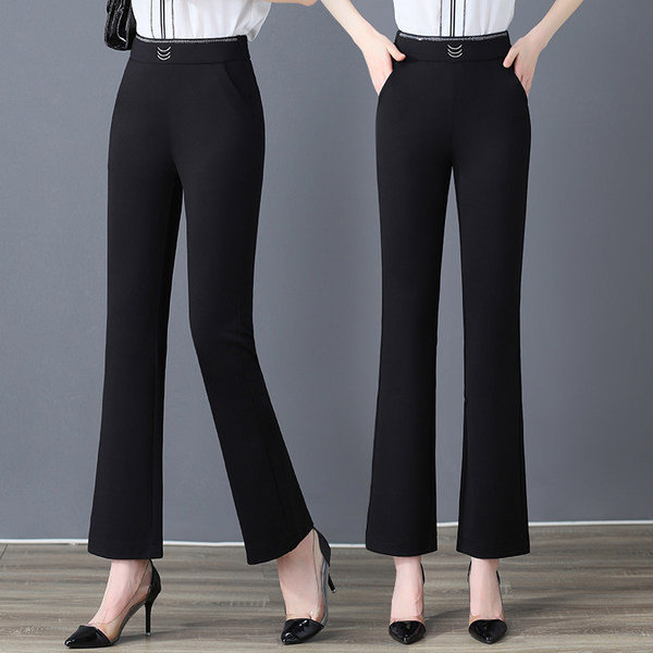 Ženske hlače s visokim strukom - ravni model u crnoj boji