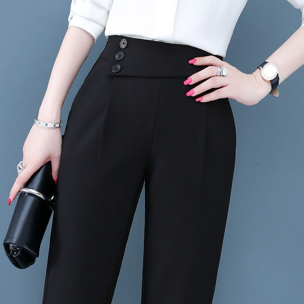 Ženske crne hlače na bočno kopčanje s džepom