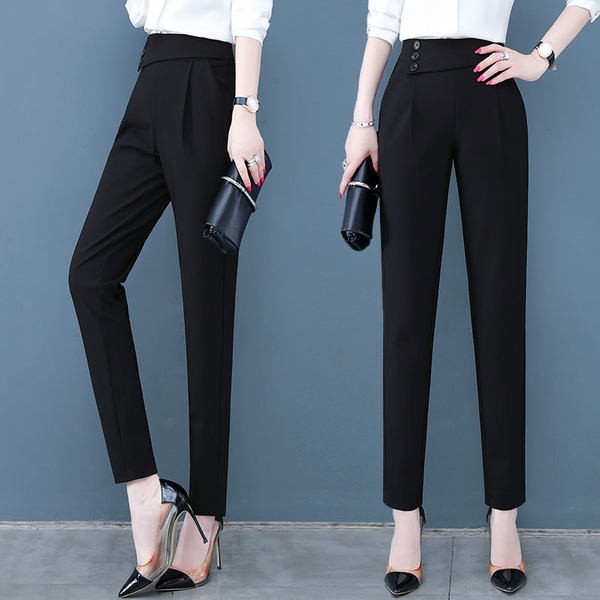 Ženske crne hlače na bočno kopčanje s džepom