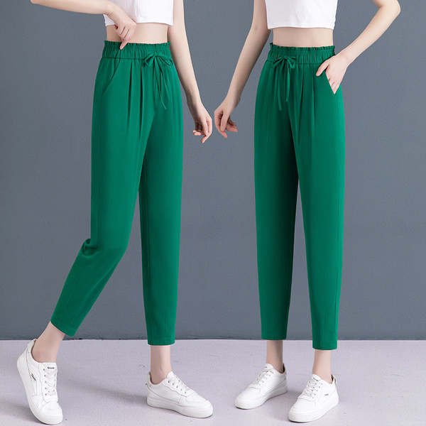 Női vékony nadrág magas derékkal - zöld színben