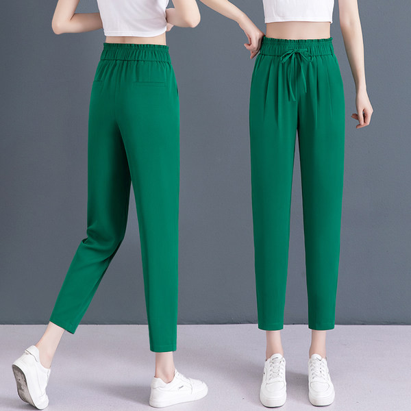 Női vékony nadrág magas derékkal - zöld színben