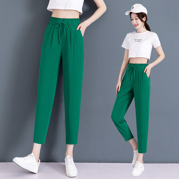 Női vékony nadrág magas derékkal - zöld színben