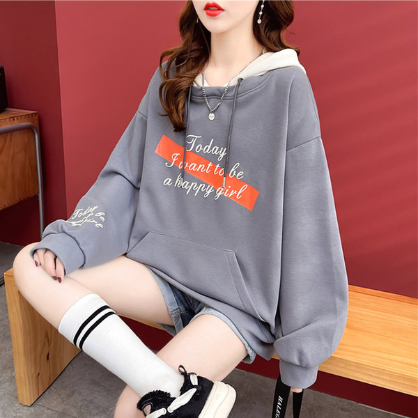 Свободен модел дамски суичър с надпис и джобове