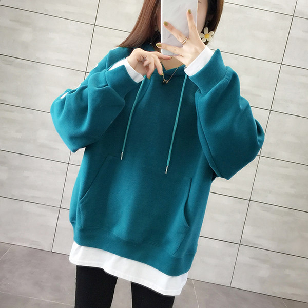 Μονόχρωμο γυναικείο φούτερ τσέπης με φαρδύ κορδόνι