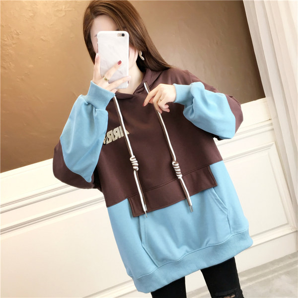 Ανοιξιάτικο  φούτερ φαρδύ μοτίβο με τσέπη και κορδόνια για γυναίκες