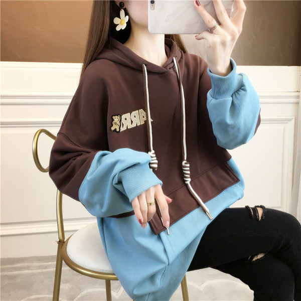 Ανοιξιάτικο  φούτερ φαρδύ μοτίβο με τσέπη και κορδόνια για γυναίκες