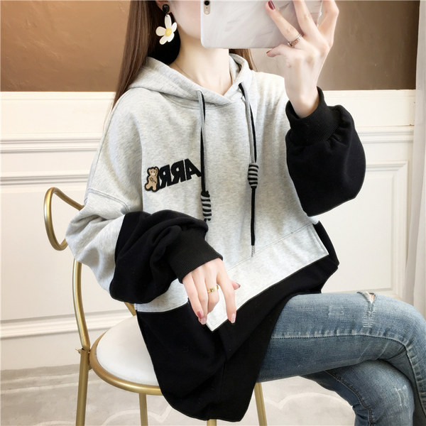 Ανοιξιάτικο  φούτερ φαρδύ μοτίβο με τσέπη και κορδόνια για γυναίκες