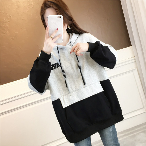 Ανοιξιάτικο  φούτερ φαρδύ μοτίβο με τσέπη και κορδόνια για γυναίκες