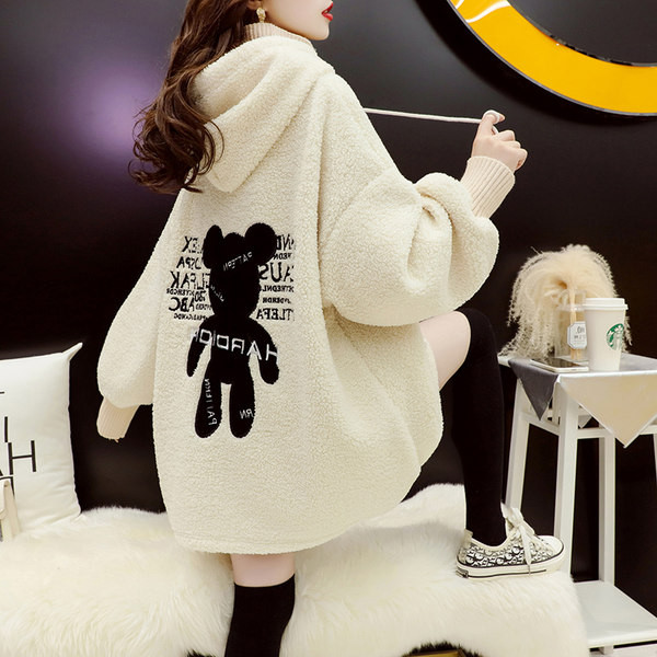 Ženska plišana majica širokog uzorka s vezom i kapuljačom