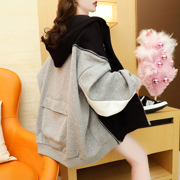 Φαρδύ μοντέλο γυναικείο φούτερ με φερμουάρ και κουκούλα