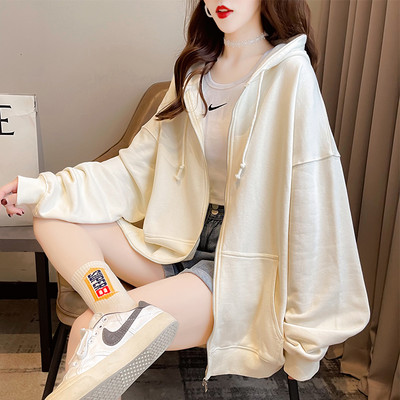 Едноцветен дамски свободен суичър с връзки и цип