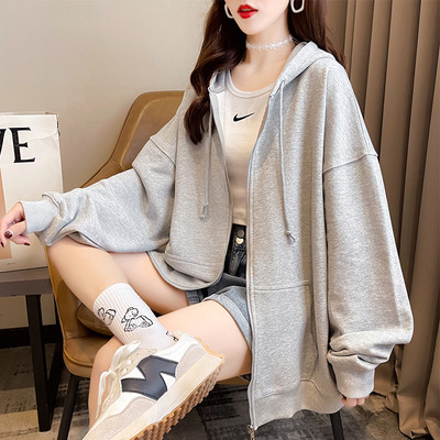 Едноцветен дамски свободен суичър с връзки и цип