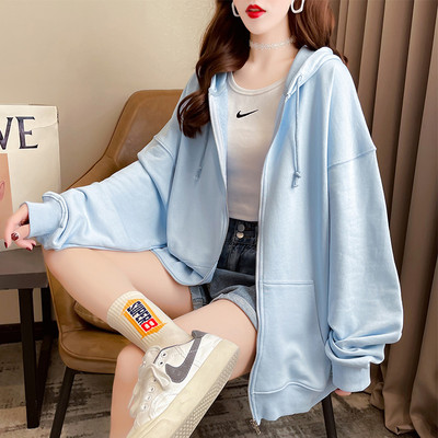 Едноцветен дамски свободен суичър с връзки и цип