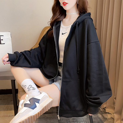 Едноцветен дамски свободен суичър с връзки и цип