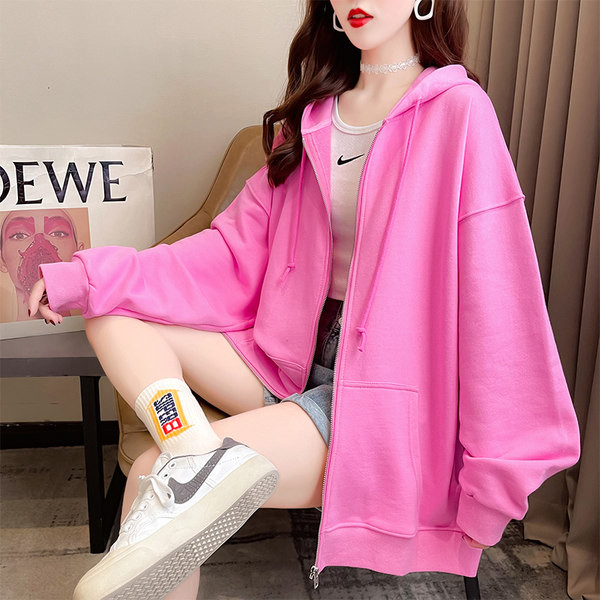 Едноцветен дамски свободен суичър с връзки и цип