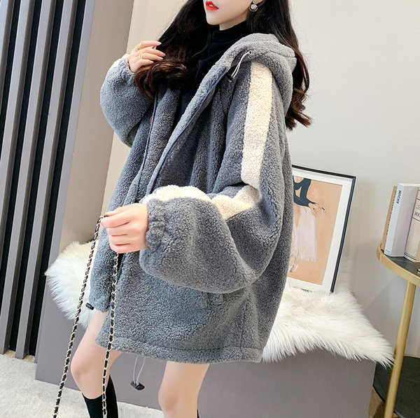 Casual γυναικείο βελούδινο φούτερ με κουκούλα - μπεζ και γκρι χρώμα