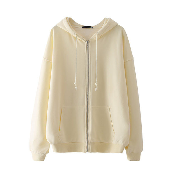 Изчистен модел едноцветен дамски суичър с качулка и закопчаване с цип