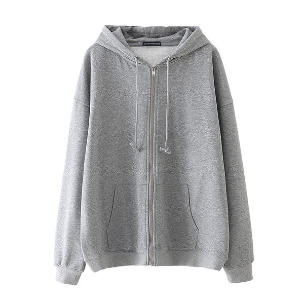 Изчистен модел едноцветен дамски суичър с качулка и закопчаване с цип