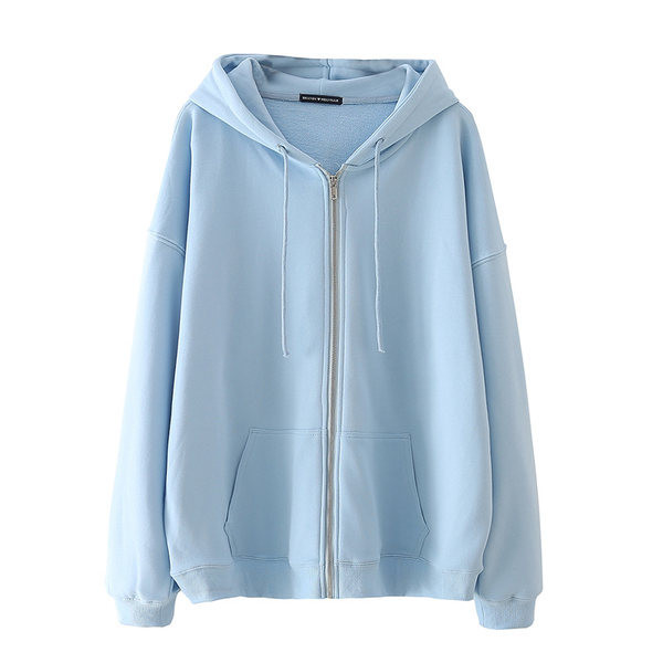 Изчистен модел едноцветен дамски суичър с качулка и закопчаване с цип