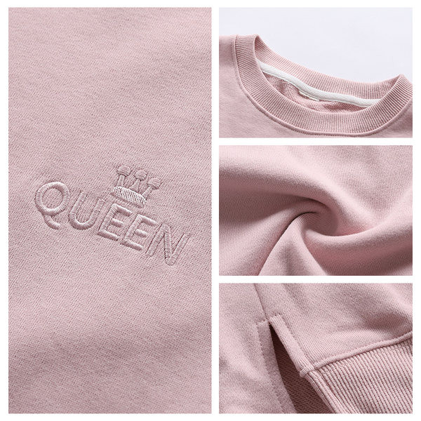 Naiste polsterdatud dressipluus ovaalse kaelusega ja tikitud kirjaga