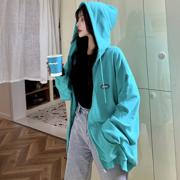 Широк дамски суичър с качулка и джоб -син и лилав цвят