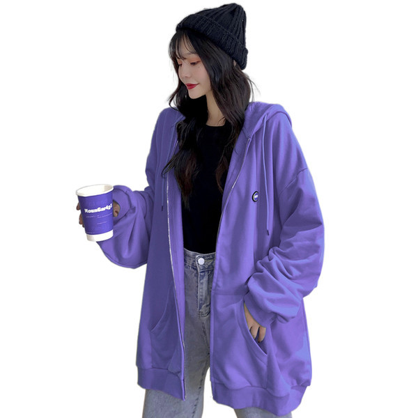 Широк дамски суичър с качулка и джоб -син и лилав цвят