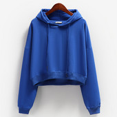 Едноцветен дамски къс суичър с качулка и връзки