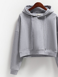 Едноцветен дамски къс суичър с качулка и връзки