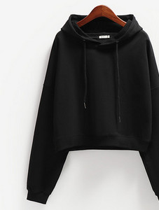 Едноцветен дамски къс суичър с качулка и връзки