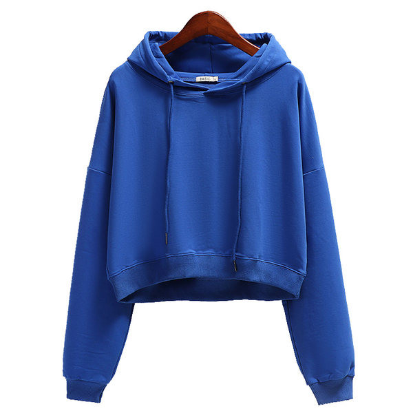 Едноцветен дамски къс суичър с качулка и връзки