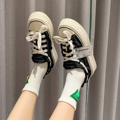 Нов модел дамски текстилни кецове с висока подметка 4см и връзки