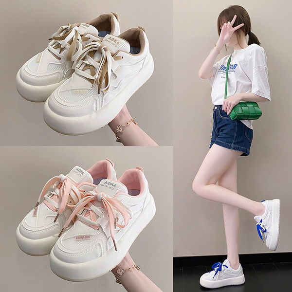 Νέο μοντέλο γυναικεία δερμάτινα sneakers με επίπεδη σόλα και χρωματιστά κορδόνια