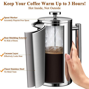 Εγχειρίδιο French Press Coffee Maker Stainless Steel Coffee Percolator Pot, Double Wall & Large Capacity Δοχεία καφέ Cafetiere