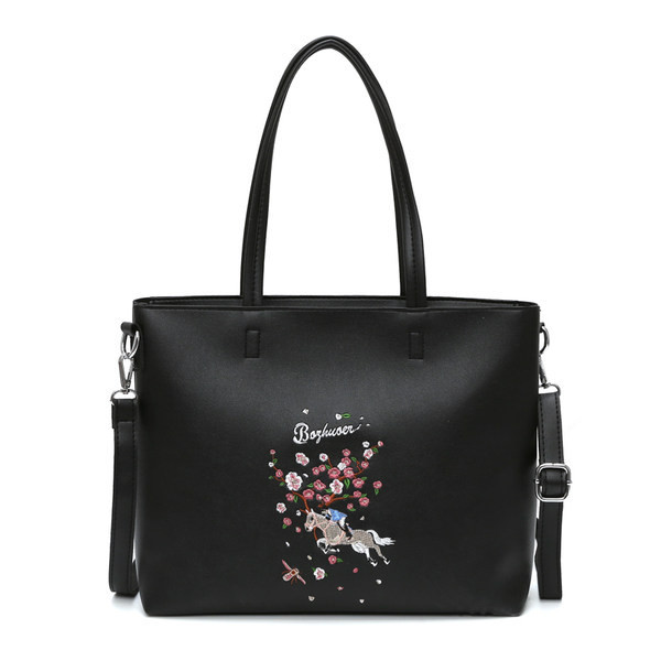 Moteriškas kvadratinis eko odos krepšys su siuvinėjimu ir ilga rankena