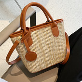 Γυναικεία ψάθινη τσάντα με δερμάτινα στοιχεία