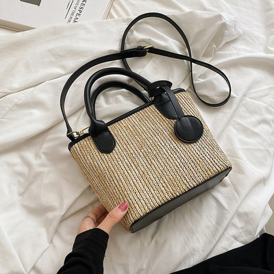 Γυναικεία ψάθινη τσάντα με δερμάτινα στοιχεία