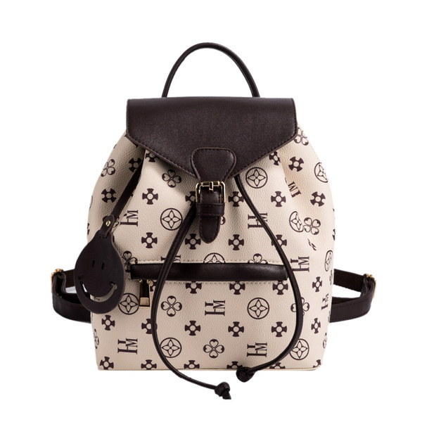 Μοντέρνο γυναικείο σακίδιο πλάτης με μπροστινή τσέπη - λευκό και καφέ χρώμα