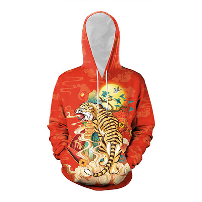 Férfi pulóver dekoratív tigrissel és kapucnival