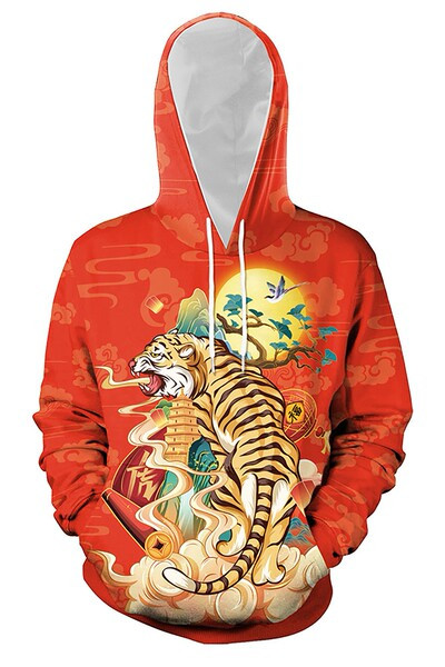 Férfi pulóver dekoratív tigrissel és kapucnival